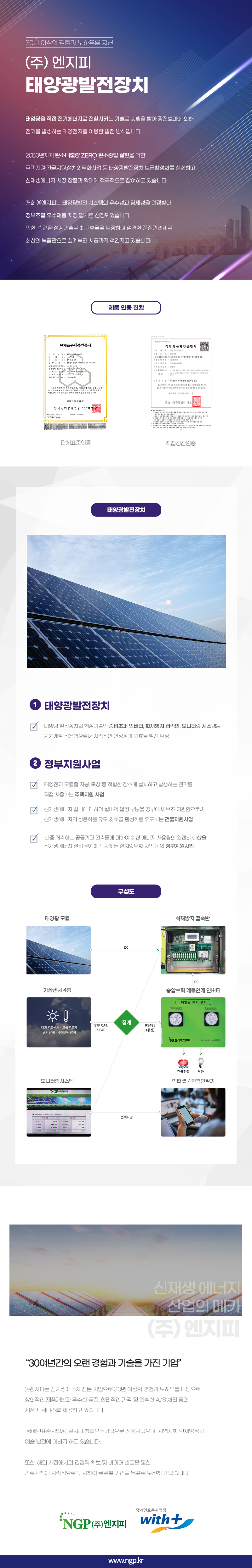 30년 이상의 경험과 노하우를 지닌
(주)엔지피
태양광발전장치
태양광을 직접 전기에너지로 전환시키는 기술로 햇빛을 받아 광전효과에 의해 전기를 발생하는 태양전지를 이용한 발전 방식입니다.
2050년까지 탄소배출량 ZERO 탄소중립 실현을 위한 주택지원,건물지원,설치의무화사업 등 태양광발전장치 보급활성화를 실현하고 신재생에너지 시장 창출과 확대에 적극적으로 참여하고 있습니다.
저희 (주)엔지피는 태양광발전 시스템의 우수성과 경제성을 인정받아 정부조달우수제품 지정 업체로 선정되었습니다.
또한, 숙련된 설계기술로 최고효율을 보장하며 엄격한 품질관리제로 최상의 부품만으로 설계부터 시공까지 책임지고 있습니다.
제품 인증 현황
단체표준제품인증,직접생산인증
태양광발전장치
1.태양광발전장치
태양광발전장치의 핵심기술인 승압초퍼 인버터, 화재방지 접속반, 모니터링 시스템을 자체개발 적용함으로써 지속적인 안정성과 고효율 발전 보장
2. 정부지원사업
태양전지 모듈을 지붕, 옥상 등 적합한 장소에 설치하고 발생하는 전기를 직접 사용하는 주택지원 사업
신재생에너지 설비에 대하여 설비의 일정 부분을 정부에서 보조 지원함으로써 신재생에너지의 상용화를 유도 & 보급 활성화를 유도하는 건물지원사업
신증·개축하는 공공기관 건축물에 대하여 예상 에너지 사용량의 일정비 이상을 신재생에너지 설비 설치에 투자하는 설치의무화 사업 등의 정부지원사업
구성도
태양광모듈,화재방지 접속반,기상센서 4종,승압초퍼 계통연계 인버터,모니터링시스템,인터넷/원격단말기
신재생 에너지
산업의 메카
(주)엔지피
30여년간의 오랜 경험과 기술을 가진 기업
(주)엔지피는 신재생에너지 전문기업으로 30년 이상의 경험과 노하우를 바탕으로
창의적인 제품개발과 우수한 품질, 합리적인 가격 및 완벽한 A/S 처리 등의
제품과 서비스를 제공하고 있습니다.
장애인표준사업장, 일자리 창출우수기업으로 선정되었으며 지역사회 인재양성과
예술 발전에 이바지 하고 있습니다.
또한, 해외 시장에서의 경쟁력 확보 및 바이어 발굴을 통한
판로개척에 지속적으로 투자하여 글로벌 기업을 목표로 도전하고 있습니다.
www.ngp.kr