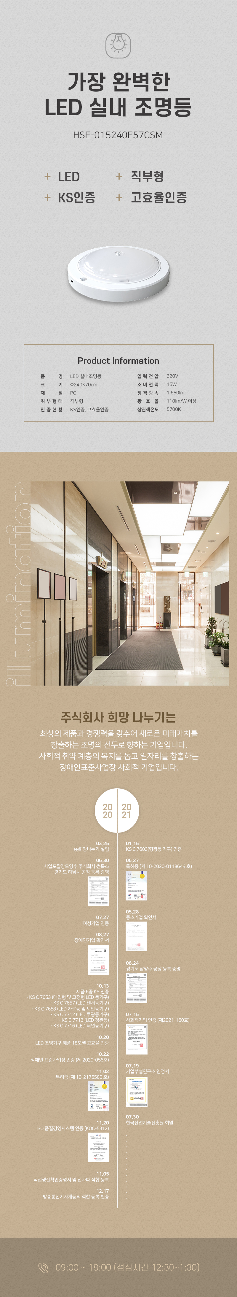 가장 완벽한 LED 실내 조명등
HSE-015240E57CSM
+ LED
+ 직부형
+ KS인증
+ 고효율인증

Product Information
품명: LED 실내 조명등
입력전압: 220V
크기: 240x70cm
소비전력: 15W
재질: PC
정격광속: 1,650lm
취부형태: 직부형
광효율: 110lm/W 이상
인증현황: KS인증, 고효율인증
상관색온도: 5700K

주식회사 희망 나누기는 
최상의 제품과 경쟁력을 갖추어 새로운 미래가치를 창출하는 조명의 선두로 향하는 기업입니다. 사회적 취약 계층의 복지를 돕고 일자리를 창출하는 장애인표준사업장 사회적 기업입니다.

2020
03.25 (주)희망나누기 설립
06.30 사업포괄양도양수 주식회사 썬룩스 경기도 하남시 공장 등록 증명
07.27 여성기업 인증
08.27 장애인기업 확인서
10.13 제품 6종 KS 인증
・KSC7653 (매입형 및 고정형 LED 등기구)
・KSC7657 (LED 센서등기구)
・KSC7658 (LED 가로등 및 보안등기구)
・KSC7712 (LED 투광등기구)
・KSC7713 (LED 경관등)
・KSC7716 (LED 터널등기구)
10.20 LED 조명기구 제품 18모델 고효율 인증
10.22 장애인 표준사업장 인증 (제 2020-056호)
11.02 특허증 (제 10-2175580호)
11.20 ISO 품질경영시스템 인증 (KQC-5312)
11.05 직접생산확인증명서 및 전자파 적합 등록
12.17 방송통신기자재등의 적합등록필증

2021
01.15 KSC7603(형광등 기구) 인증
05.27 특허증 (제 10-2020-0118644호)
05.28 중소기업확인서
06.24 경기도 남양주 공장등록증명
07.15 사회적기업 인증 (제2021-160호)
07.19 기업부설연구소 인정서
07.30 한국산업기술진흥원 회원

09:00 ~ 18:00 (점심시간 12:30~1:30)