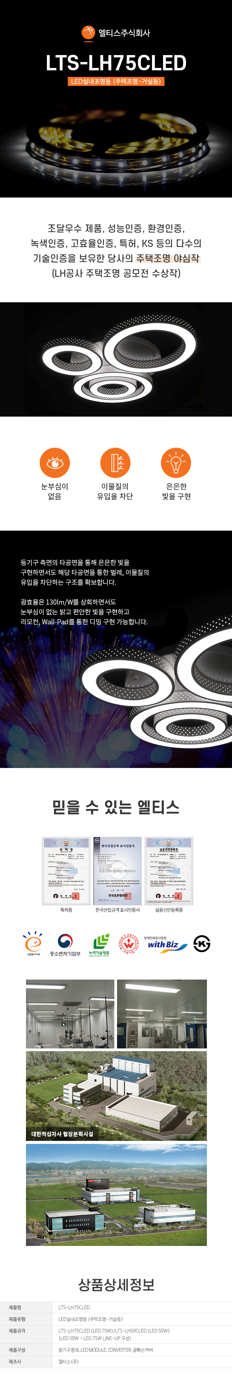 
엘티스주식회사 LTS-LH75CLED
LED실내조명등 (주택조명-거실등)

조달우수 제품, 성능인증, 환경인증, 녹색인증, 고효율인증, 특허, KS 등의 다수의 기술인증을 보유한 당사의 주택조명 야심작(LH공사 주택조명 공모전 수상작)
-눈부심이 없음
-이물질의 유입을 차단
-은은한 빛을 구현

등기구 측면의 타공면을 통해 은은한 빛을 구현하면서도 해당 타공면을 통한 벌레, 이물질의 유입을 차단하는 구조를 확보합니다.
광효율은 130lm/W를 상회하면서도 눈부심이 없는 밝고 편안한 빛을 구현하고 리모컨, Wall-Pad를 통한 디밍 구현 가능합니다.

믿을 수 있는 엘티스
특허증,한국산업규격표시인증서,실용신안등록증
고효율기자재,중소벤처기업부,녹색기술제품,여성·장애인기업,K마크

상품상세정보
제품명: LTS-LH75CLED
제품유형: LED실내조명등 (주택조명-거실등)
제품규격: LTS-LH75CLED (LED 75W)/LTS-LH50CLED (LED 50W)(LED 50W ~ LED 75W LINE-UP 구성)
제품구성: 등기구몸체, LED MODULE, CONVERTER. 광확산커버
제조사: 엘티스(주)

