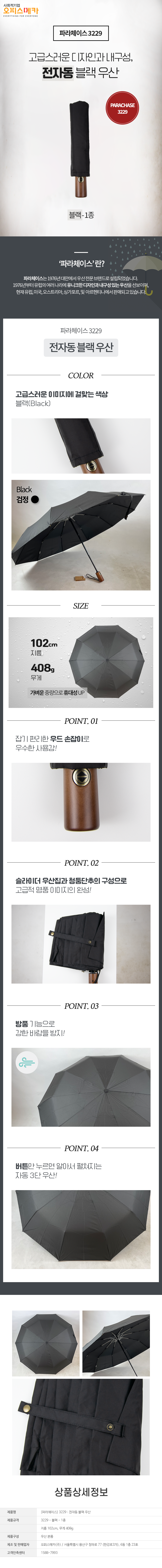 사회적기업 오피스메카 
EVERYTHING FOR EVERYONE

파라체이스 3229
고급스러운 디자인과 내구성, 전자동 블랙 우산
PARACHASE 3229
검정 / 연두 / 베이지 / 회색 / 분홍 - 5종

‘파라체이스’ 란?
파라체이스는 1976년 대만에서 우산 전문 브랜드로 설립되었습니다. 
1976년부터 유럽의 여러 나라에 유니크한 디자인과 내구성 있는 우산을 선보이며, 현재 유럽,미국, 오스트리아, 싱가포르, 및  아르헨티나에서 판매되고 있습니다.

파라체이스 3229
전자동 블랙 우산

color
고급스러운 이미지에 걸맞는 색상 블랙(Black)
SIZE
102cm 지름, 408g 가벼운 중량으로 휴대성 UP 

point. 01
잡기 편리한 우드 손잡이로 우수한 사용감!

point. 02
슬라이더 우산집과 청둥단추의 구성으로 고급적 명품 이미지의 완성!

point. 03
방풍 기능으로 강한 바람을 방지!

point. 04
버튼만 누르면 알아서 펼쳐지는 자동 3단 우산!

상품상세정보 
제품명: [파라체이스] 3229 : 전자동 블랙 우산
제품규격: 3226 - 블랙-1종, 지름 102cm, 무게 408g
제품구성: 우산 본품
제조 및 판매업자: 오피스메카(주) / 서울특별시 용산구 청파로 77 (한강로3가), 6동 1층 23호
고객만족센터: 1588-7993