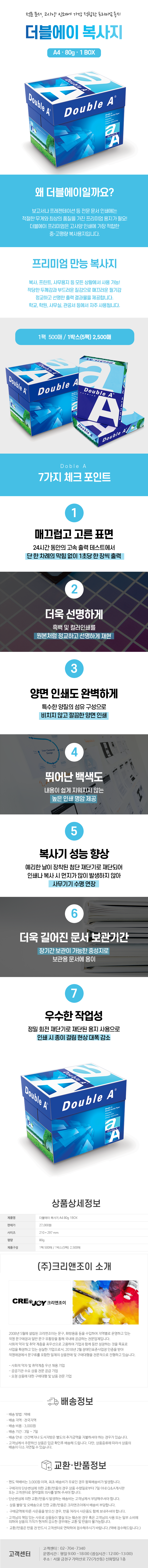 전문 문서, 고사양 인쇄에 가장 적합한 프리미엄 용지
더블에이 복사지
A4.80g. 1BOX

왜 더블에이일까요?
보고서나 프레젠테이션 등 전문 문서 인쇄에는 적절한 무게와 최상의 품질을 가진 프리미엄 용지가 필요! 더블에이 프리미엄은 고사양 인쇄에 가장 적합한 중-고평량복사용지입니다.
프리미엄 만능 복사지
복사,프린트,사무용지 등 모든 상황에서 사용 가능! 적당한 두께감과 부드러운 질감으로 매끄러운 필기감 정교하고 선명한 출력 결과물을 제공합니다. 학교, 학원, 사무실, 관공서 등에서 자주 사용됩니다.
1팩 500매 / 1박스(5팩) 2,500매

Doble A 7가지 체크포인트
1. 매끄럽고 고른 표면
24시간 동안의 고속 출력 테스트에서 단 한 차례의 막힘 없이 1초당 한 장씩 출력
2. 더욱 선명하게
흑백 및 컬러인쇄를 원본처럼 정교하고 선명하게 재현
3. 양면 인쇄도 완벽하게
특수한 양질의 섬유 구성으로 비치지 않고 깔끔한 양면 인쇄
4. 뛰어난 백색도
내용이 쉽게 지워지지 않는 높은 인쇄 명암 제공
5. 복사기 성능 향상
예리한 날이 장착된 첨단 재단기로 재단되어 인쇄나 복사시 먼지가 많이 발생하지 않아 사무기기 수명 연장
6. 더욱 길어진 문서 보관기간
장기간 보관이 가능한 중성지로 보관용 문서에 용이
7. 우수한 작업성
정밀 회전재단기로 재단된 용지 사용으로 인쇄시 종이 걸림 현상 대폭 감소

상품상세정보
제품명: 더블에이 복사지 A4 80g 1BOX
판매가: 27,000원
사이즈: 210*297mm
평량: 80g
제품구성: 1팩 500매 / 1박스(5팩) 2,500매

(주)크리앤조이 소개
CREDJOY 크리앤조이
2008년 5월에 설립된 크리앤조이는 문구, 화방용품 등을 수입하여 지역별로 운영하고 있는 직영 문구매장과 일반 문구 유통망을 통해 국내에 공급하는 전문업체입니다.
사회적 약자 및 취약 계층을 최우선으로 고용하여 기업과 함께 동반 성장하는 것을 목표로 사업을 확장하고 있는 성실한 기업으로서, 2018년 2월 장애인표준사업장 인증을 받아 직영매장에서 문구류를 포함한 일체의 상품판매 및 구매대행을 전문적으로 진행하고 있습니다.
-사회적 약자 및 취약계층 우선 채용 기업
-공공기관 수요 상품 전문 공급 기업
-요청 상품에 대한 구매대행 및 납품 전문 기업

배송정보
• 배송 방법 : 택배
• 배송 지역 : 전국지역
• 배송 비용 : 3,000원
• 배송 기간 : 3일 ~ 7일
• 배송 안내 : 산간벽지나 도서지방은 별도의 추가금액을 지불하셔야 하는 경우가 있습니다.
• 고객님께서 주문하신 상품은 입금 확인후 배송해 드립니다. 다만, 상품종류에 따라서 상품의 배송이 다소 지연될 수 있습니다.

교환·반품정보
• 편도 택배비는 3,000원이며, 최초 배송비가 무료인 경우 왕복배송비가 발생합니다.
• 구매자의 단순변심에 의한 교환/반품의 경우 상품 수령일로부터 7일 이내 Q&A게시판 또는 고객센터로 청약철회 의사를 밝혀 주셔야 합니다.
• 단순변심에 의한 교환/반품시 발생하는 배송비는 고객님께서 부담해주셔야 합니다.
•  상품불량 및 오배송으로 인한 교환/반품은 크리앤조이에서 배송비 부담합니다.
•  구매금액에 따른 사은품을 받으신 경우, 반품 처리시 사은품도 함께 보내주셔야 합니다.
• 고객님의 책임 있는 사유로 상품등이 멸실 또는 훼손된 경우 혹은 고객님의 사용 또는 일부 소비에 의하여 상품의 가치가 현저히 감소한 경우에는 교환 및 반품이 불가능합니다.
•  교환/반품은 반품 전 반드시 고객센터로 연락하여 접수해주시기 바랍니다. (택배 접수해드립니다.)

고객센터: 02-704-7340
운영시간: 평일 9:00~18:00 (점심시간: 12:00~13:00)
주소: 서울 금천구 가마산로 72 (가산동) 신화빌딩 1층
