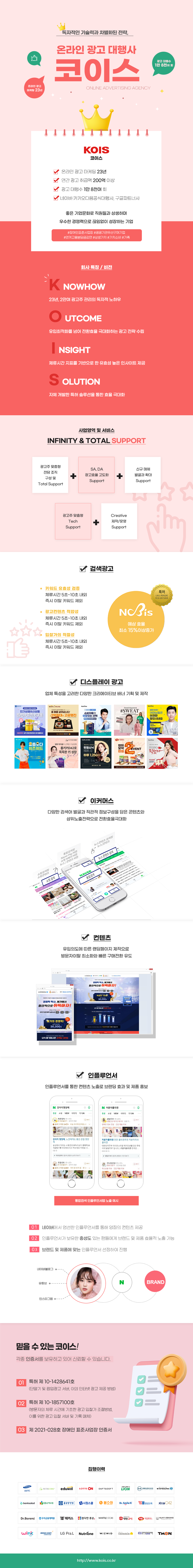 독자적인 기술력과 차별화된 전략,온라인 광고 대행사 코이스 online advertising agency

- 온라인 광고 마케팅 23년
- 연간 광고 취급액 200억 이상
- 광고 대행수 1만 8천여 회
- 네이버·카카오다음공식대행사, 구글파트너사

좋은 기업문화로 직원들과 상생하며 우수한 경쟁력으로 끊임없이 성장하는 기업
#장애인표준사업장 #공공기관우선구매기업  #연계고용분담금감면 #상생가치 #가치소비 #가족

회사 특징 / 비전
K NOWHOW : 23년, 2만여 광고주 관리의 독자적 노하우
O utcome : 유입최적화를 넘어 전환효율 극대화하는 광고 전략 수립
I nsight : 체류시간 지표를 기반으로 한 유효성 높은 인사이트 제공
S olution : 자체 개발한 특허 솔루션을 통한 효율 극대화


사업영역 및 서비스
INFINITY & TOTAL SUPPORT
광고주 맞춤형 전담 조직 구성 및 Total Support + SA, DA 광고효율 고도화 Support + 신규 매체 발굴과 확대 Support
광고주 맞춤형 Tech Support + Creative 제작/운영 Support

검색광고
키워드 유효성 검증 : 체류시간 5초~10초 내외 즉시 이탈 키워드 제외
광고컨텐츠 적합성 : 체류시간 5초~10초 내외 즉시 이탈 키워드 제외
입찰가의 적절성 : 체류시간 5초~10초 내외 즉시 이탈 키워드 제외
예상 효율 최소 15%이상증가 나비스 특허등록 제10-1857100호 

디스플레이 광고
업체 특성을 고려한 다양한 크리에이티브 배너 기획 및 제작

이커머스
다양한 검색어 발굴과 직관적 정보구성을 담은 콘텐츠와  상위노출전략으로 전환효율극대화

컨텐츠
유입의도에 따른 랜딩페이지 제작으로  방문자이탈 최소화와 빠른 구매전환 유도

인플루언서
인플루언서를 통한 컨텐츠 노출로 브랜딩 효과 및 제품 홍보
01 네이버에서 엄선한 인플루언서를 통해 양질의 컨텐츠 제공
02 인플루언서가 보유한 충성도 있는 팬들에게 브랜드 및 제품 효율적 노출 가능
03 브랜드 및 제품에 맞는 인플루언서 선정하여 진행

믿을 수 있는 코이스!
각종 인증서를 보유하고 있어 신뢰할 수 있습니다.
01 특허 제 10-1428641호  (단말기 및 팝업광고 서버, 이의 인터넷 광고 제공 방법)
02 특허 제 10-1857100호  (방문자의 체류 시간에 기초한 광고 입찰가 조절방법,  이를 위한 광고 입찰 서버
03 제 2021-028호 장애인 표준사업장 인증서

집행이력
삼성카드외 28개업체

http://www.kois.co.kr
