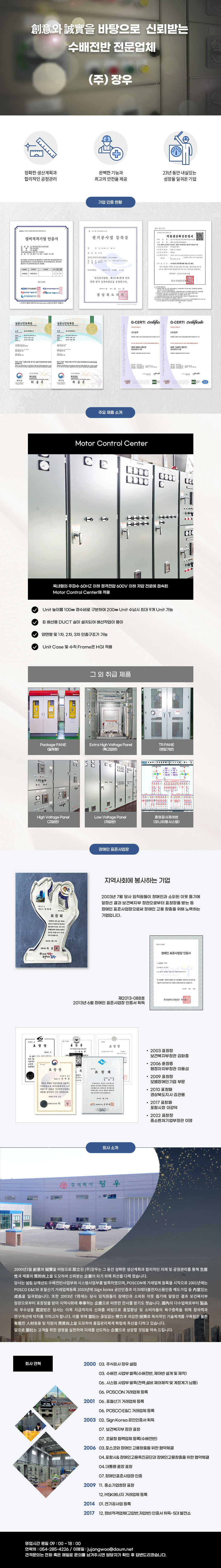 신뢰와 창의를 바탕을 신뢰받는 수배전반 전문업체
(주)장우
-정확한 생산계획과 합리적인 공정관리
-완벽한 기능과 최고의 안전을 제공
-23년 동안 내실있는 성장을 일궈온 기업
## 기업 인증 현황
정비적격기업 인증서, 전기공사업 등록증, 직접생산확인증명서,
실용신안등록증, ISO9001, ISO14001
## 주요 제품 소개
Motor Control Center
◎ 제품개요
옥내형의 주파수 60HZ 이하 정격전압 600V 이하 저압 전로에 접속된 Motor Control Center에 적용
◎ 특징
◑ 유닛 높이를 100mm 정수비로 구분하여 200mm 유닛 수납시 최대 9개 유닛 가능
◑ B 배선용 DUCT 실이 설치되어 배선작업이 용이
◑ 양면형 및 1차, 2차, 3차 인출구조가 가능
◑ 유닛케이스 및 수직 프레임은 HGI적용
## 그 외 취급 제품
Package PANEL(일체형), Extra High Voltage Panel (특고압반),TR PANEL (변압기반),
High Voltage PANEL(고압반),Low Voltage Panel (저압반),중앙감시제어반(모니터링시스템)
## 장애인 표준사업장
지역사회에 봉사하는 기업
2003년 7월 당사 임직원들이 장애인과 소외된 이웃 돕기에 앞장선 결과 보건복지부 장관으로부터 표창장을 받는 등 장애인 표준사업장으로써 장애인 고용 창출을 위해 노력하는 기업입니다.
제2013-088호 2013년 6월 장애인 표준사업장 인증서 획득
2003 표창장 보건복지부장관 김화중
2006 훈장증 행정자치부장관 이용섭
2009 표창장 모범장애인기업 부문
2010 표창패 경상북도지사 김관용
2017 표창패 포항시장 이강덕
2022 표창장 중소벤처기업부장관 이영
## 회사 소개
2000년3월 創意와 誠實을 바탕으로 設立된 (주)장우는 그 동안 정확한 생산계획과 합리적인 자재 및 공정관리를 통해 生産性과 제품의 質的向上을 도모하여 신뢰받는 企業이 되기 위해 최선을 다해 왔습니다.
당사는 설립 당해년도 수배전반사업부와 시스템사업부를 발족하였으며, POSCON에 거래업체 등록을 시작으로 2001년에는 POSCO E&C와 포철산기 거래업체등록 2003년에 Sign korea 공인인증과 이크레더블전자신용인증 제도가입 등 內室있는 成長을 일궈왔습니다. 또한 2003년 7月에는 당사 임직원들이 장애인과 소외된 이웃 돕기에 앞장선 결과 보건복지부 장관으로부터 표창장을 받아 지역사회에 奉事하는 企業으로 따뜻한 찬사를 받기도 했습니다. 國內의 다수업체로부터 製品의 우수성을 認定받은 당사는 이제 지금까지의 신뢰를 바탕으로 품질향상 및 소비자들의 욕구충족을 위해 창의력과 연구개선에 박차를 가하고자 합니다. 이를 위해 當社는 끊임없는 勞力과 과감한 投資로 독자적인 기술체계를 구축함은 물론 有能한 人材등용 및 직원의 資質向上을 도모하여 품질관리체계 확립에 최선을 다하고 있습니다.
앞으로 當社는 고객을 위한 경영을 실천하며 미래를 선도하는 企業으로 성장할 것임을 약속 드립니다.
2000.03 주식회사 장우 설립
2000.03 수배전 사업부 발족(수배전반,제어반 설계 및 제작)
2000.06 시스템 사업부 발족(전력,설비 제어제작 및 계장계기 납품)
2000.06 POSCON 거래업체 등록
2001.06 포철산기 거래업체 등록
2001.06 POSCO E&C 거래업체 등록
2003.02 Sign Korea 공인인증서 획득
2003.07 보건복지부 장관 표창
2003.07 조달청 협력업체 등록(수배전반)
2006.03 포스코 와 장애인고용창출을 위한 협약체결
2006.04 포항시& 장애인고용촉진공단과 장애인고용창출을 위한 협약체결
2006.04 대통령 훈장 표창
2006.07 장애인표준사업장 인증
2009.11 중소기업청장 표창
2009.12 ㈜SK에너지 거래업체 등록
2014.01 전기공사업 등록
2017.12 정비적격업체(고압반,저압반) 인증서 취득- 5대 발전소
영업시간 평일 09 : 00 ~ 18 : 00
연락처 : 054-285-4226 / 이메일 : jujangwoo@daum.net
견적문의는 전화 혹은 메일로 문의를 남겨주시면 담당자가 확인 후 답변드리겠습니다.